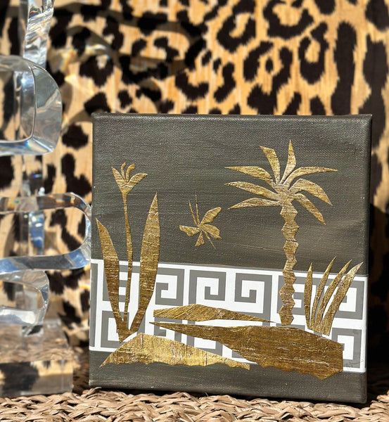 Greek Key and Gold Leaf Botanical Palm Collage on Canvas I