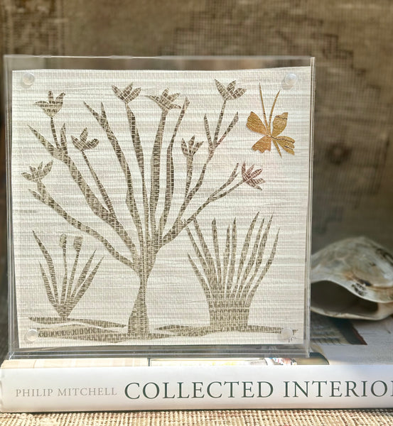 Grasscloth Gilded Butterfly Botanical Collage in Lucite 8x8