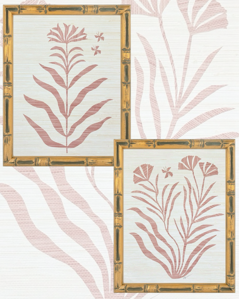 Pair of Blush Bamboo Framed Botanical Collages
