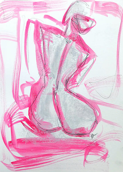 9x12 Hot Pink Figure Study II - HALEY MATHEWES FINE ART original abstract art landscape figure figures landscapes Charleston artist unframed framed lucite gold watercolor charcoal canvas contemporary modern affordable classic