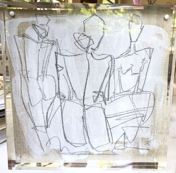 Multi Figure Study on Linen in Large Square Lucite - HALEY MATHEWES FINE ART original abstract art landscape figure figures landscapes Charleston artist unframed framed lucite gold watercolor charcoal canvas contemporary modern affordable classic