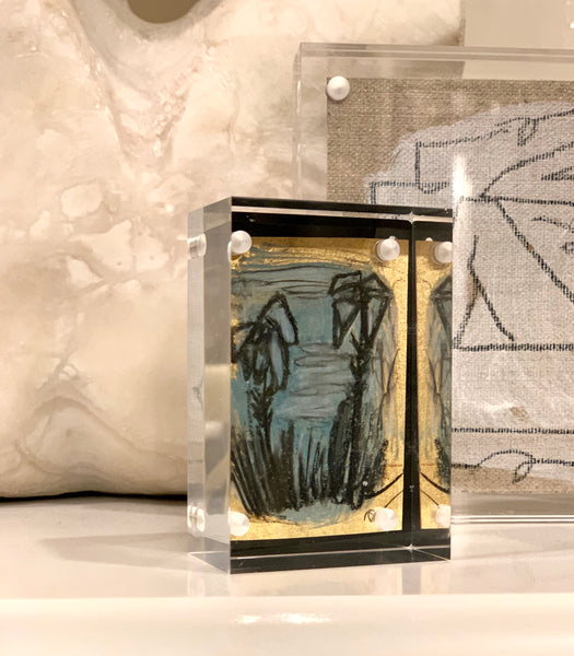 Mini Lucite Palms on Gold - HALEY MATHEWES FINE ART original abstract art landscape figure figures landscapes Charleston artist unframed framed lucite gold watercolor charcoal canvas contemporary modern affordable classic