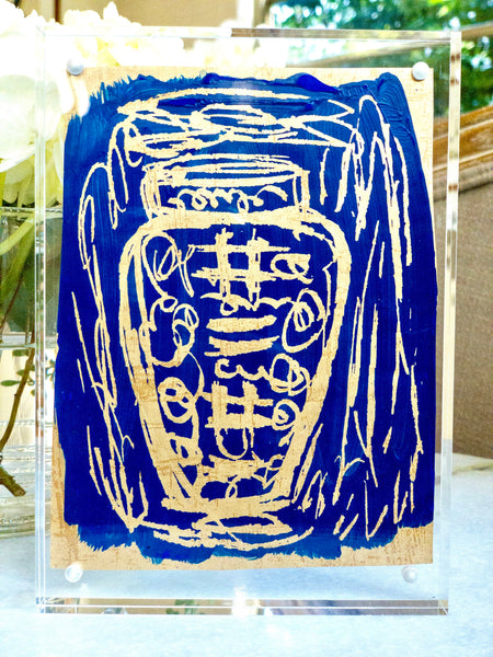 5x7 Ginger Jar on Gold a Leaf Lucite - HALEY MATHEWES FINE ART original abstract art landscape figure figures landscapes Charleston artist unframed framed lucite gold watercolor charcoal canvas contemporary modern affordable classic