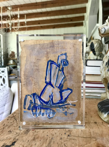 Blue Seated Figure 5x7 - HALEY MATHEWES FINE ART original abstract art landscape figure figures landscapes Charleston artist unframed framed lucite gold watercolor charcoal canvas contemporary modern affordable classic