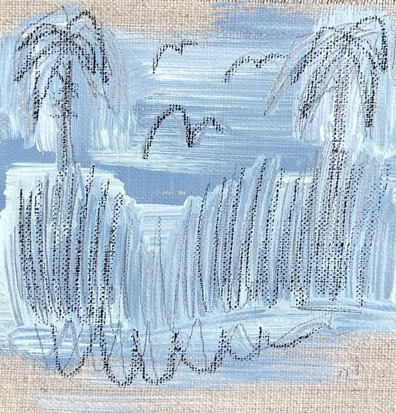 Blue Marsh with Palms on Linen 4.5 x 4.25