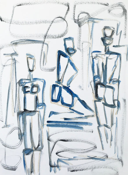 9x12 Multi Figure in Blues - HALEY MATHEWES FINE ART original abstract art landscape figure figures landscapes Charleston artist unframed framed lucite gold watercolor charcoal canvas contemporary modern affordable classic