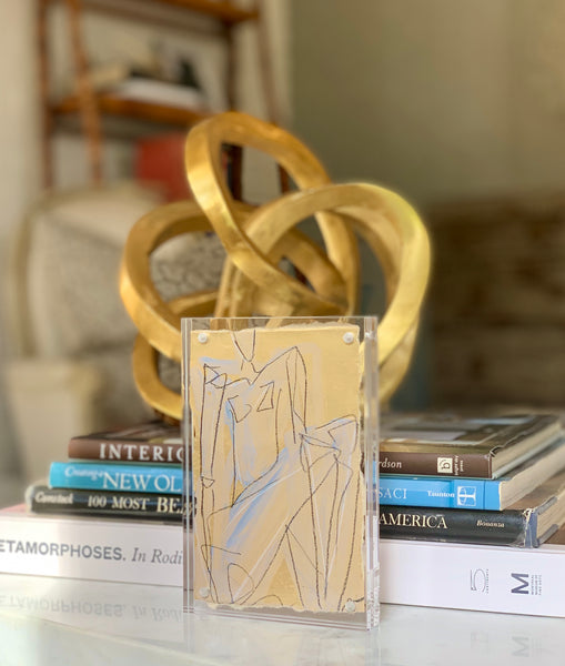 White Washed Figure Study on Gold 4x6 Lucite - HALEY MATHEWES FINE ART original abstract art landscape figure figures landscapes Charleston artist unframed framed lucite gold watercolor charcoal canvas contemporary modern affordable classic
