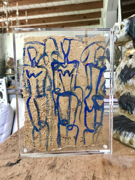 Blue Multi Figure Study on Gold Leaf in 6x8 Lucite - HALEY MATHEWES FINE ART original abstract art landscape figure figures landscapes Charleston artist unframed framed lucite gold watercolor charcoal canvas contemporary modern affordable classic