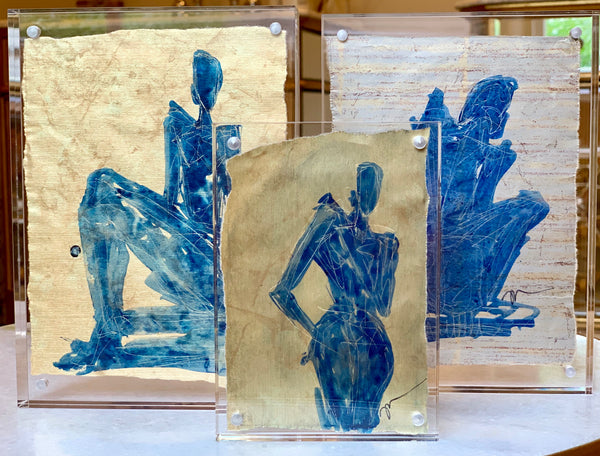 Blue on Gold - HALEY MATHEWES FINE ART original abstract art landscape figure figures landscapes Charleston artist unframed framed lucite gold watercolor charcoal canvas contemporary modern affordable classic